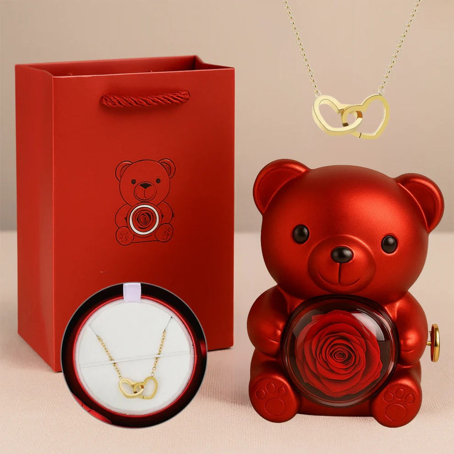 Collier gravé Ours en peluche - Rose éternelle